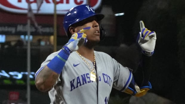 Kansas City Royals catcher Salvador Perez (13) celebrates after hitting a two-run home run.